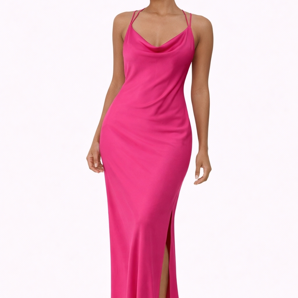 Zara Hot Pink Satin Slip Dress – Strappy Back, Side Slit (Size S) - NWT
